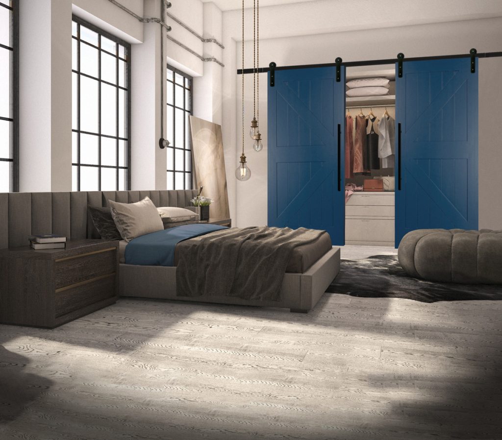 interior blue barn sliding doors in bedroom